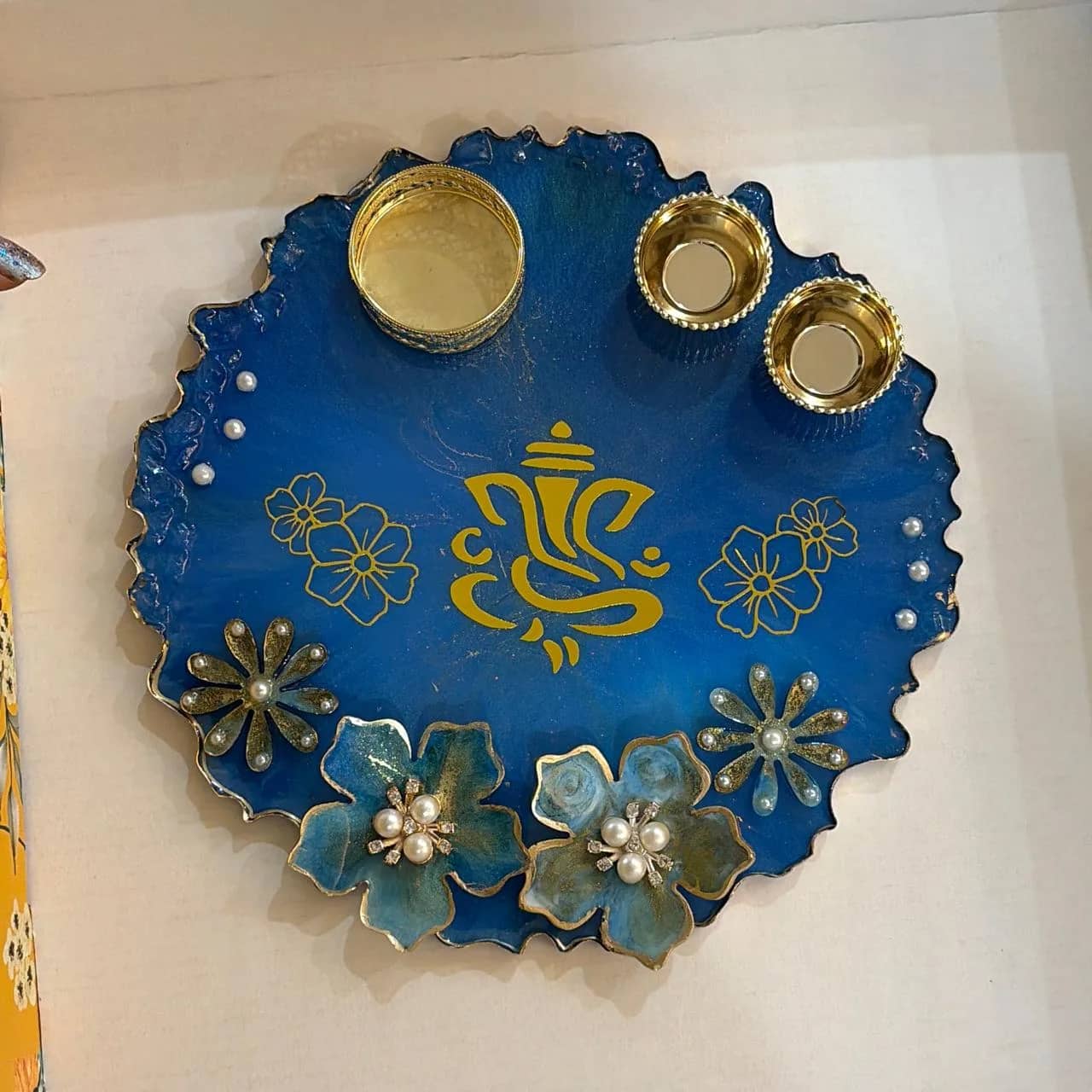 Royal Blue resin pooja thali with gold Ganesha